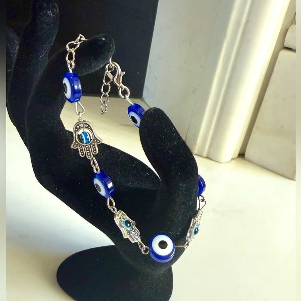 NEW HAMSA Bracelet Blue Evil Eye Silver Anklet Spinning Bead hand adjustable